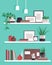 Book shelves with colorful objects. Cartoon design style bookshelves with different potted plants