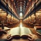 Book sits in foreground of expansive and large library