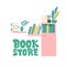 Book Store. Books, bookcase, potted flowers and the inscription. Flat cartoon vector illustration.