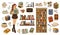 Book store elements. Cute bibliophile girl with book in hands, student reads, brain workout, literary works, stack of