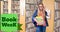 Book week text over portrait of caucasian teenage girl standing with books against bookshelves