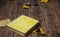 A book yellow leaves chestnut on wooden background