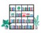 Bookcase with book collection on shelves. Stacks of colourful books. Interior with home plants. Vector