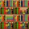 Bookcase with rows and stacks of books on shelves. Seamless repeating pattern