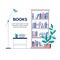 Bookcase and table with books and a cup of tea. Bookshelf vector illustration, library concept in flat style