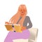 Bookcrossing with Happy Blond Woman Character Sitting on Chair and Reading Borrowed Paper Book Vector Illustration