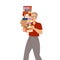 Bookcrossing with Happy Man Character Carrying Pile of Borrowed Paper Book Vector Illustration