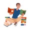 Bookcrossing with Happy Man Character in Glasses Sitting Cross-legged and Reading Borrowed Paper Book Vector