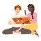 Bookcrossing with Happy Man and Woman Character Sitting Together and Reading Borrowed Paper Book Vector Illustration