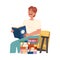 Bookcrossing with Happy Mustached Man Character Sitting on Chair and Reading Borrowed Paper Book Vector Illustration
