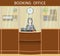 Booking office design with woman employee at the counter. Workplace of booking-clerk with clock and bookshelf