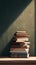 Bookish arrangement Books stacked on a table, providing copy space