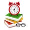 Books and alarm clock Vector realistic. Back to school poster. Sale promotion banner. School concept notes