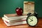 Books, Apple and Lunch on Teacher Desk