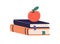 Books and apple. Physics subject concept. Academic science textbooks for education, study, knowledge. Literature