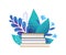 Books and blue leaves flat vector illustration