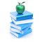 Books blue stack green apple on top. Back to school symbol