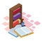 Books, bookshelf and woman reading, colorful design