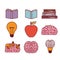 Books brains lighbulb and apple silhouettes set in white background