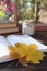 Books, candle and beautiful leaves as bookmark on wooden table