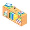 Books and chancellery on brown wooden bookshelf in isometric vector.