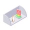 Books and chancellery on gray wooden bookshelf in isometric vector.