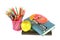 Books, colored pencils, glasses and a green apple isolated on a white background