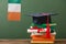 Books, diploma, academic cap and irish flag on wooden surface