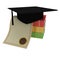 Books, diploma, graduate cap of student