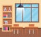 books with erlenmeyer flask and microscope with window in the classroom