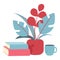 Books, flower, pot hot tea cup icon cartoon vector. Book study