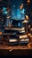 Books and a graduation cap symbolize scholarly success against a confetti backdrop