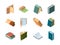Books isometric. Library symbols school items opened and closed diary magazines and books vector collection