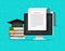 Books near computer vector illustration, flat cartoon study concept and text document on pc screen, concept of studying