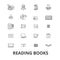 Books, open book, stack of books, bookshelf, library, read, reading book, paper line icons. Editable strokes. Flat
