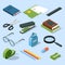 Books, paper documents in folders, and other base stationary elements set. Vector isometric office equipment