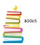 Books pile and bird illustration, cartoon style in graphic for kids