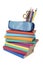 Books stack and pencil case