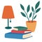 Books, table lamp and houseplant composition. Love books. Cozy scene with a pile of textbooks. Leisure, hobby or exam preparation