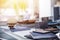 Books on the table in the room with sunlight and blurred background , study education work reference