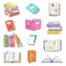 Books vector opened diary story-book and notebook on bookshelves in library or bookstore illustration set of bookish