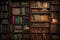 bookshelf filled with worn and tattered books, a cozy and inviting atmosphere