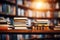 Bookshelf in the library, blurred background, back to school concept, education