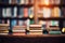 Bookshelf in the library, blurred background, back to school concept, education