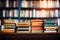 Bookshelf in the library, blurred background, back to school concept, education