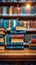 Bookshelf in the library, blurred background, back to school concept, education