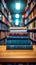 Bookshelf in the library, blurred background, back to school concept, education