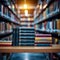 Bookshelf in the library, blurred background, back to school concept, education