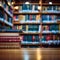 Bookshelf in the library, blurred background, back to school concept, education