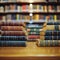 Bookshelf in the library, blurred background, back to school concept, education